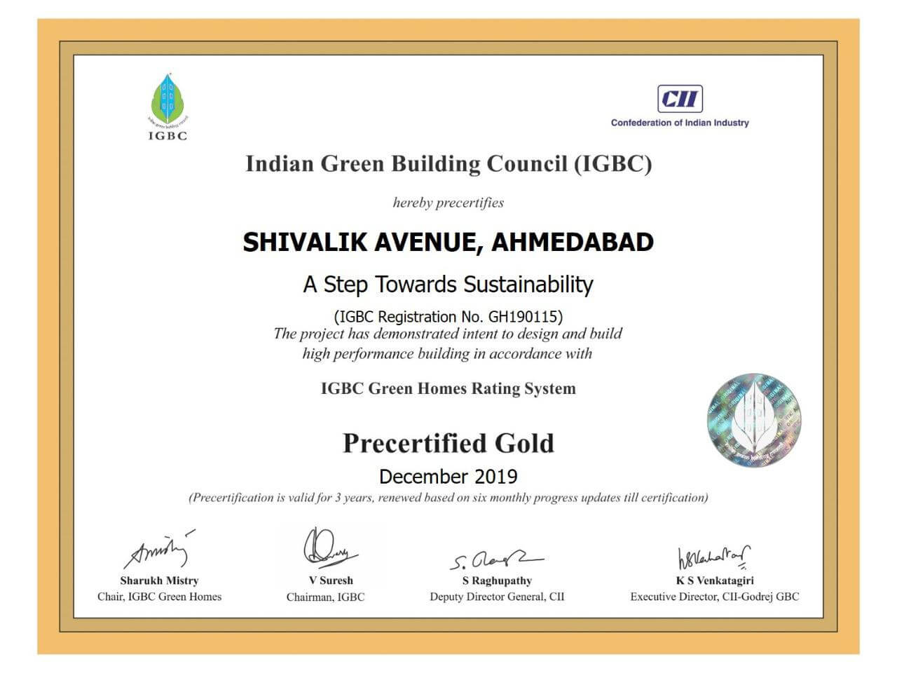 IGBC Gold Certificate of Shivalik Avenue at Bodakdev