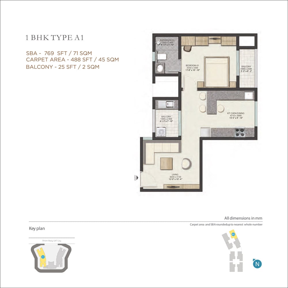 1 BHK Floor Plan of Sobha Dream Heights at GIFT City