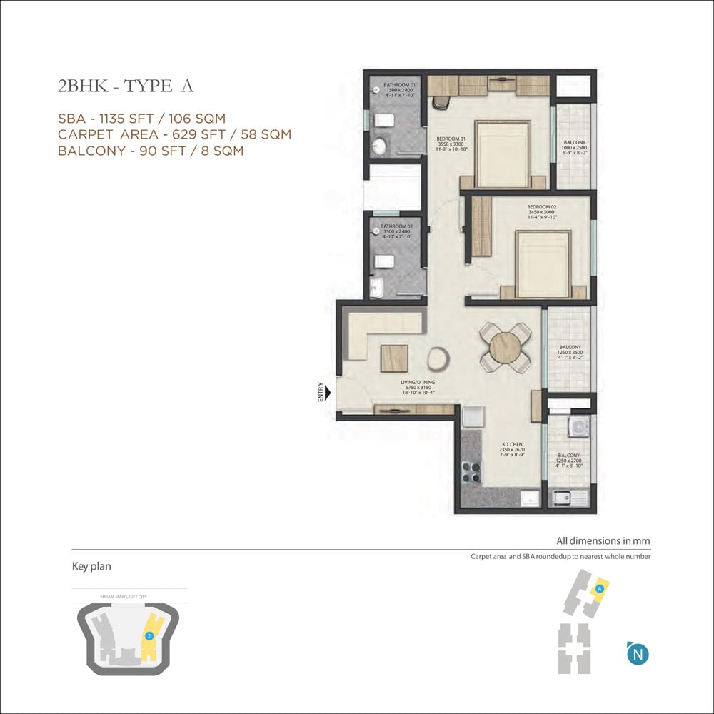 2 BHK Floor Plan A of Sobha Dream Heights at GIFT City