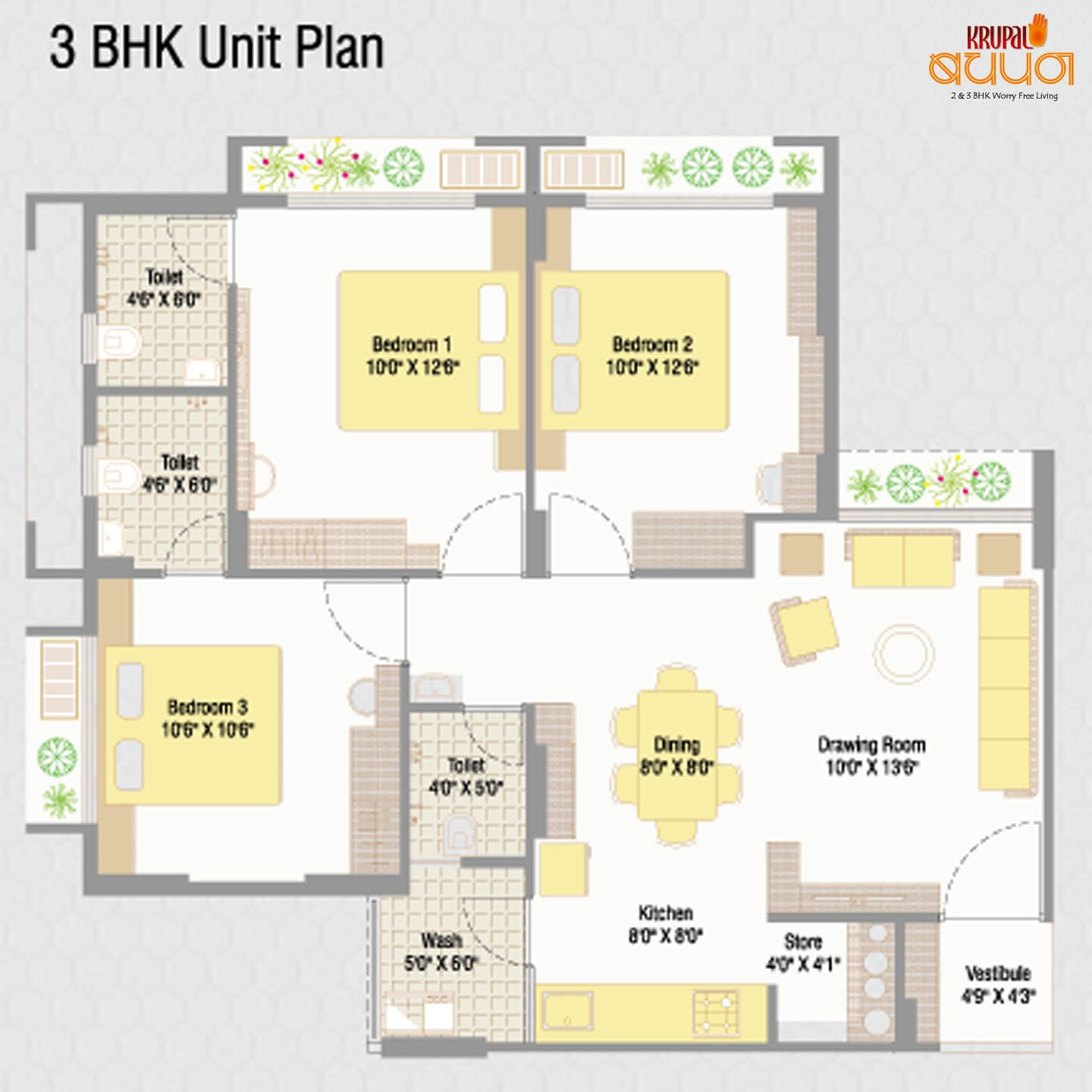 3 BHK Unit Plan of Krupal bachpan at Shela
